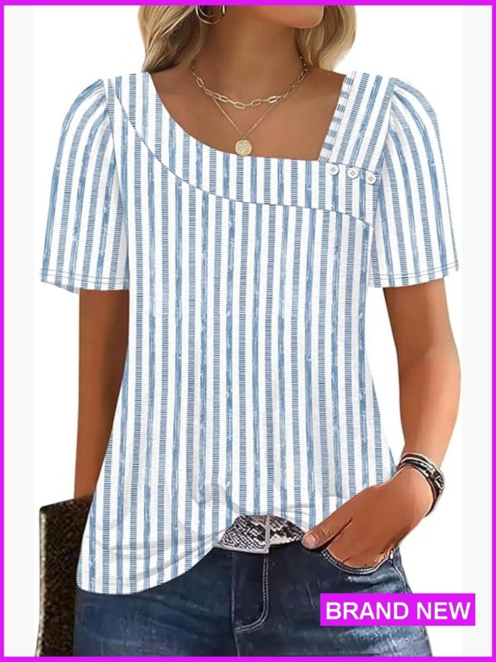 Square Neck Short Sleeve Blouse Casual Summer Top with Buttons